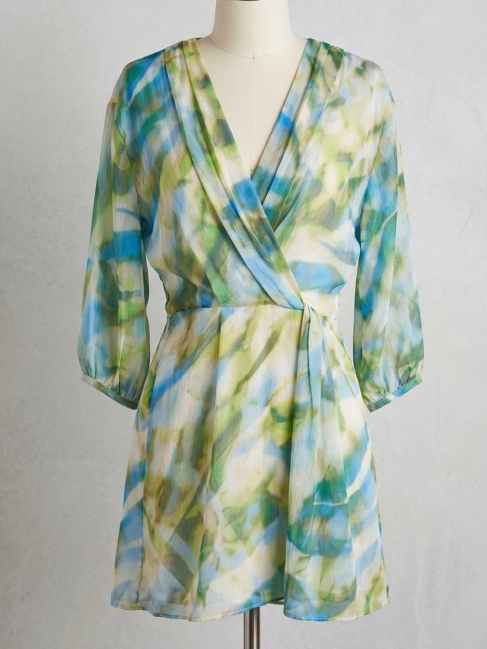 BCBG Watercolor Wrap Mini Dress in Blue & Green